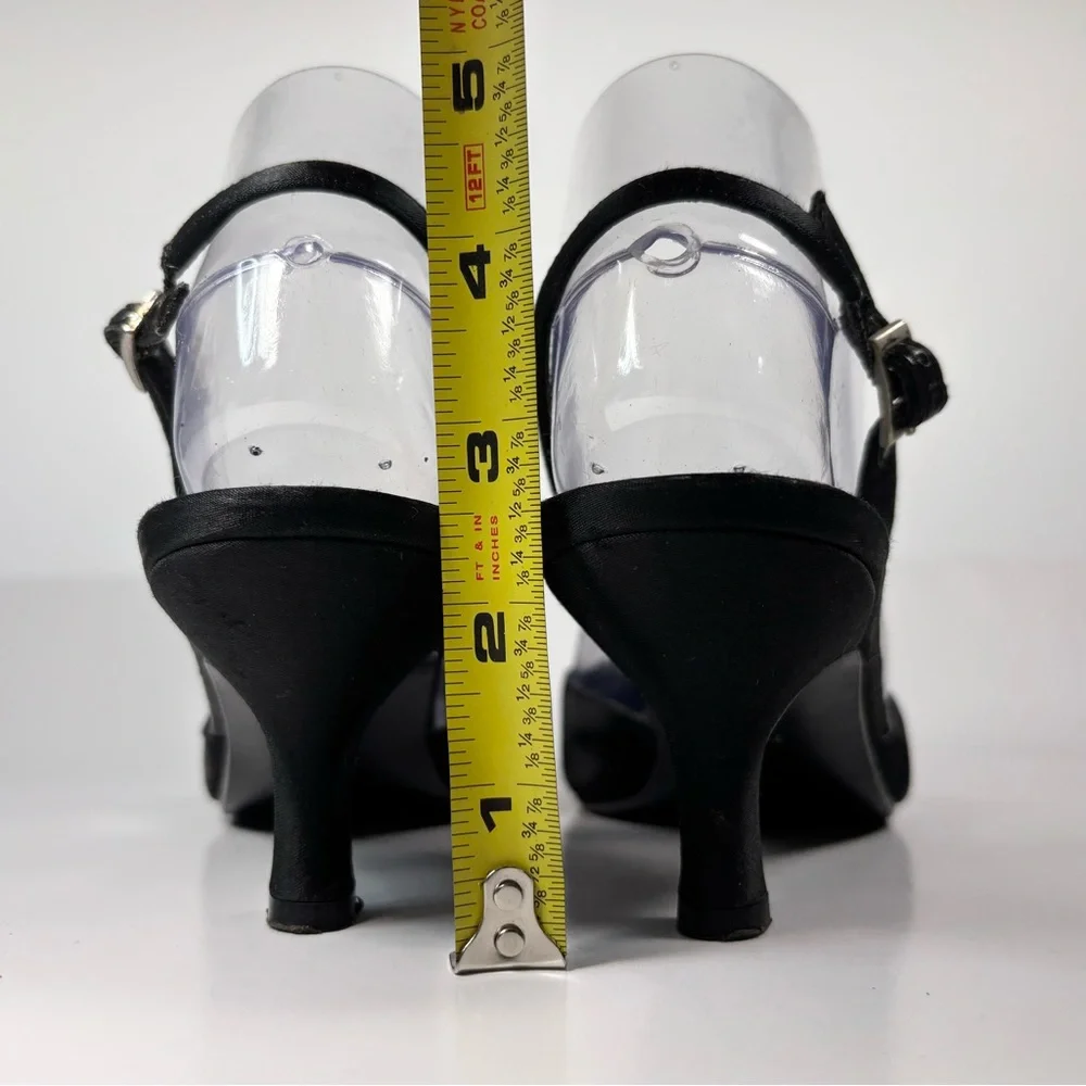 Karen Scott Pointed Toe Black Satin Sling back Kitten Heels‎ Bow Rhinestones 7.5